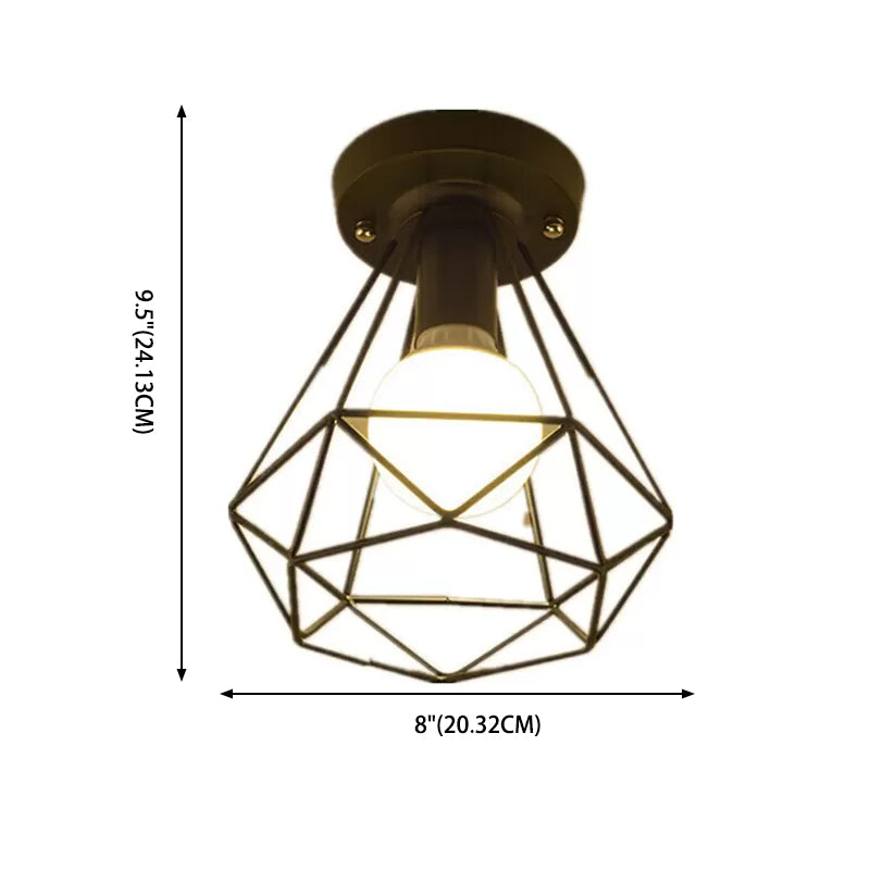 Diamond Shaped Cage Metal Ceiling Lamp Vintage 1-Light Small Hallway Semi Flush Mount Lighting