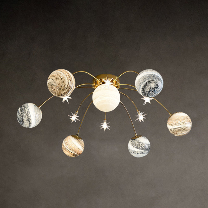 Planet Kids Room Flush Mount Lamp glas in lood Glass 12 Licht Noordse semi-spoelplafondlicht in goud