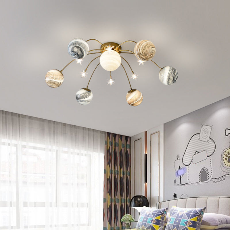 Planet Kids Room Flush Mount Lamp Stained Glass 12-Light Nordic Semi Flush Ceiling Light in Gold