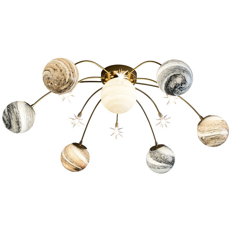 Planet Kids Room Flush Mount Lamp Stained Glass 12-Light Nordic Semi Flush Ceiling Light in Gold