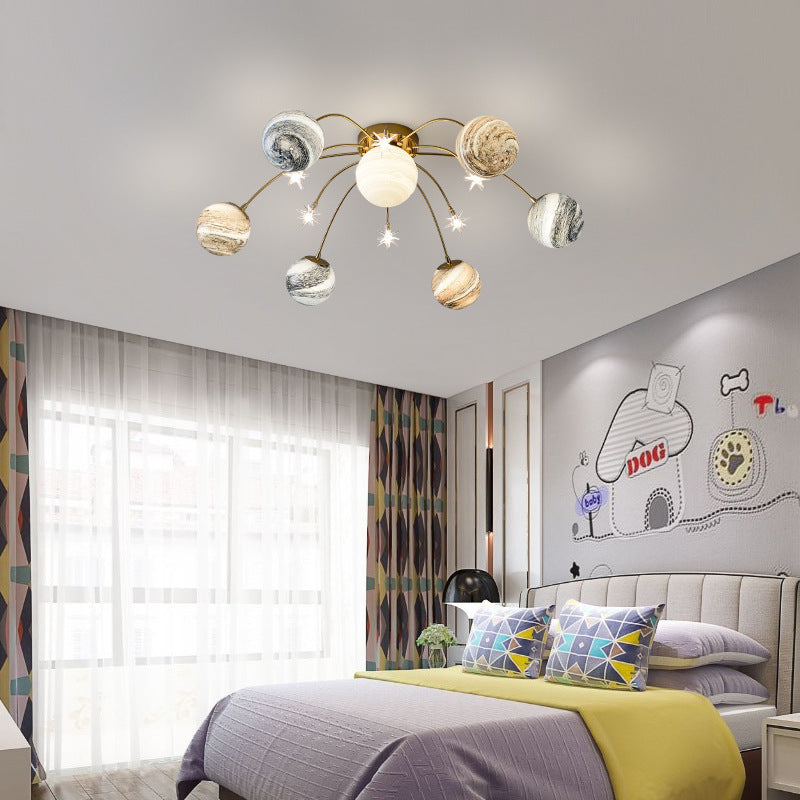 Planet Kids Room Flush Mount Lamp Stained Glass 12-Light Nordic Semi Flush Ceiling Light in Gold