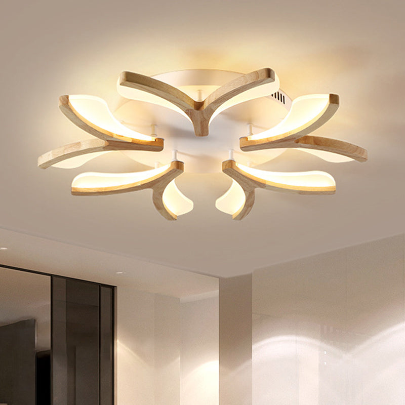 Wooden Floral Semi Flush Light Minimalist White LED Ceiling Light for Living Room