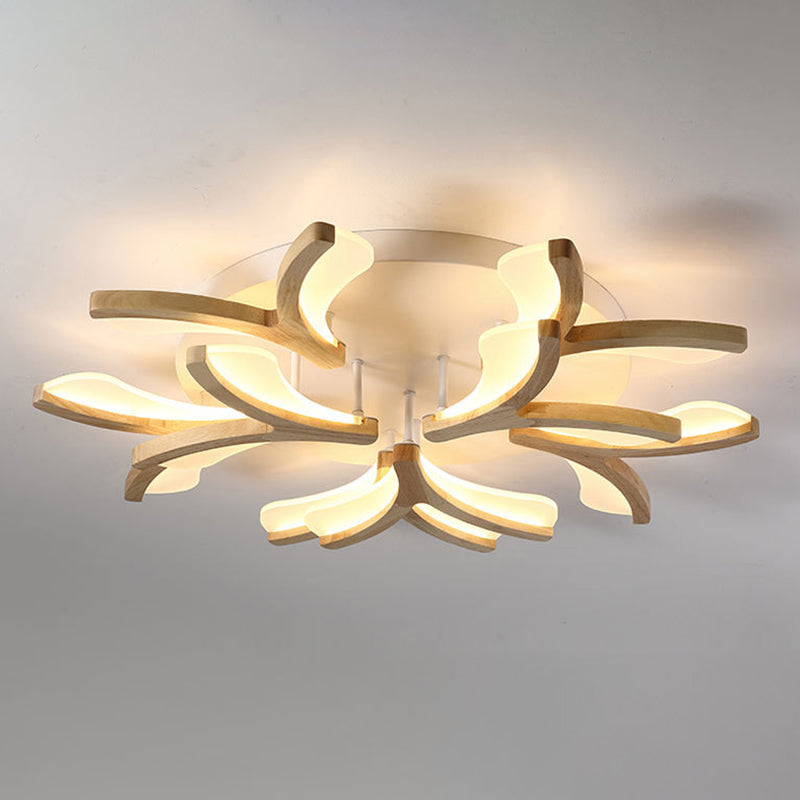 Wooden Floral Semi Flush Light Minimalist White LED Ceiling Light for Living Room