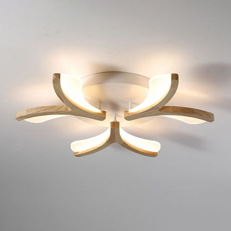 Wooden Floral Semi Flush Light Minimalist White LED Ceiling Light for Living Room