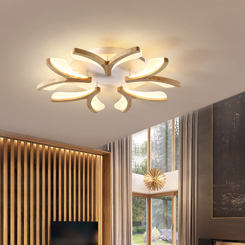 Wooden Floral Semi Flush Light Minimalist White LED Ceiling Light for Living Room