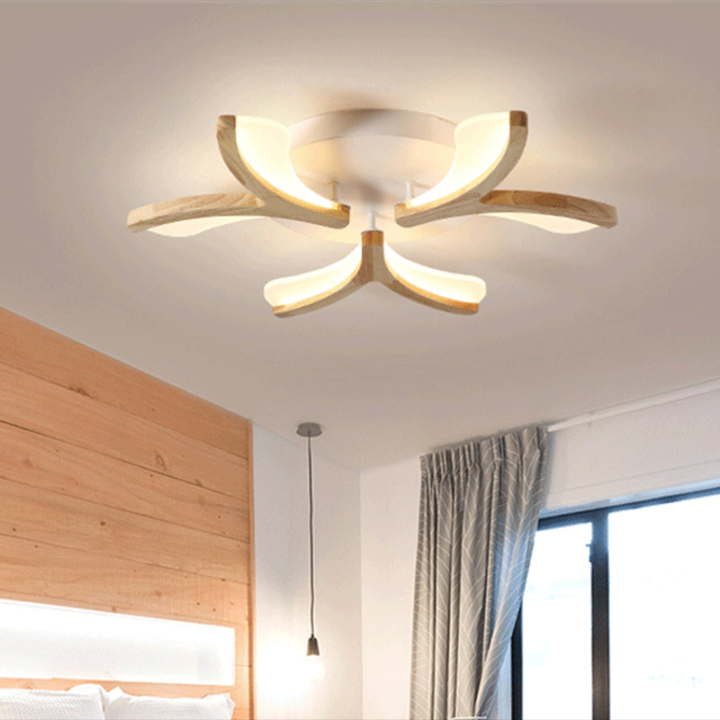 Wooden Floral Semi Flush Light Minimalist White LED Ceiling Light for Living Room