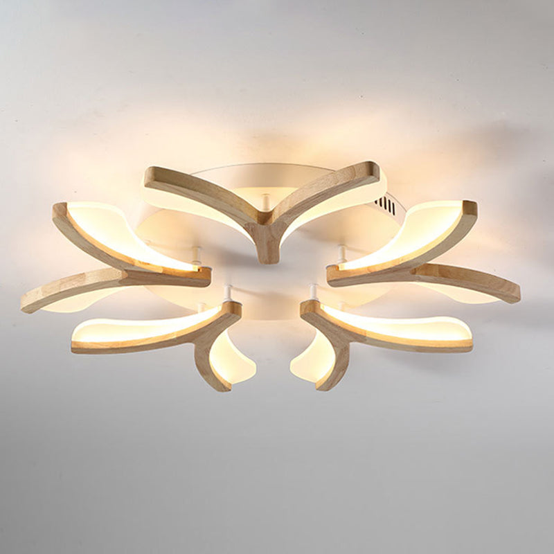 Wooden Floral Semi Flush Light Minimalist White LED Ceiling Light for Living Room