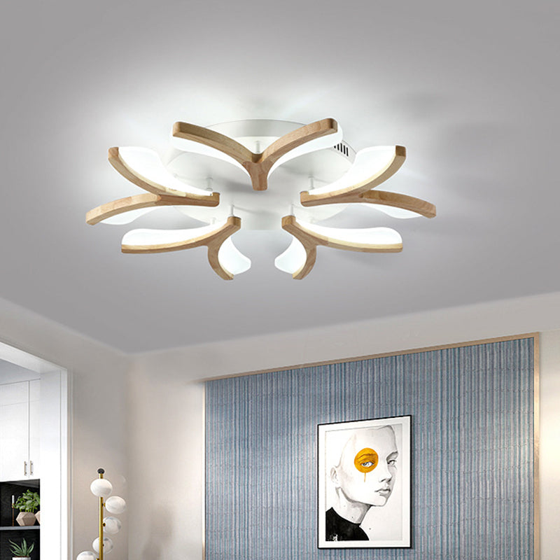 Wooden Floral Semi Flush Light Minimalist White LED Ceiling Light for Living Room