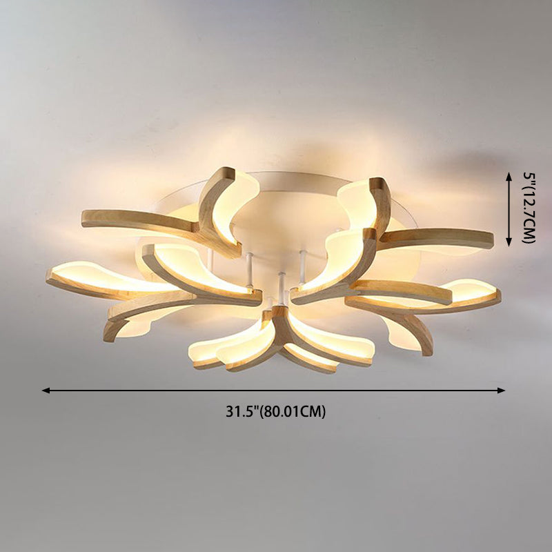 Wooden Floral Semi Flush Light Minimalist White LED Ceiling Light for Living Room