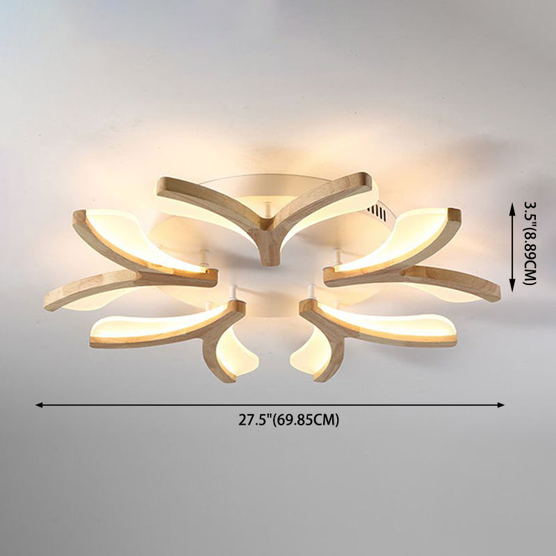 Wooden Floral Semi Flush Light Minimalist White LED Ceiling Light for Living Room