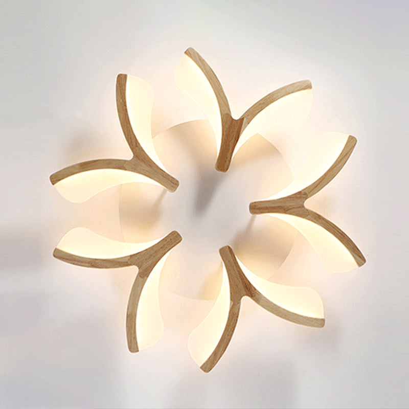 Wooden Floral Semi Flush Light Minimalist White LED Ceiling Light for Living Room