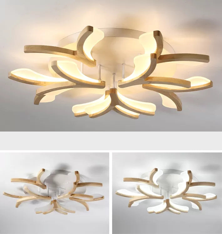 Wooden Floral Semi Flush Light Minimalist White LED Ceiling Light for Living Room