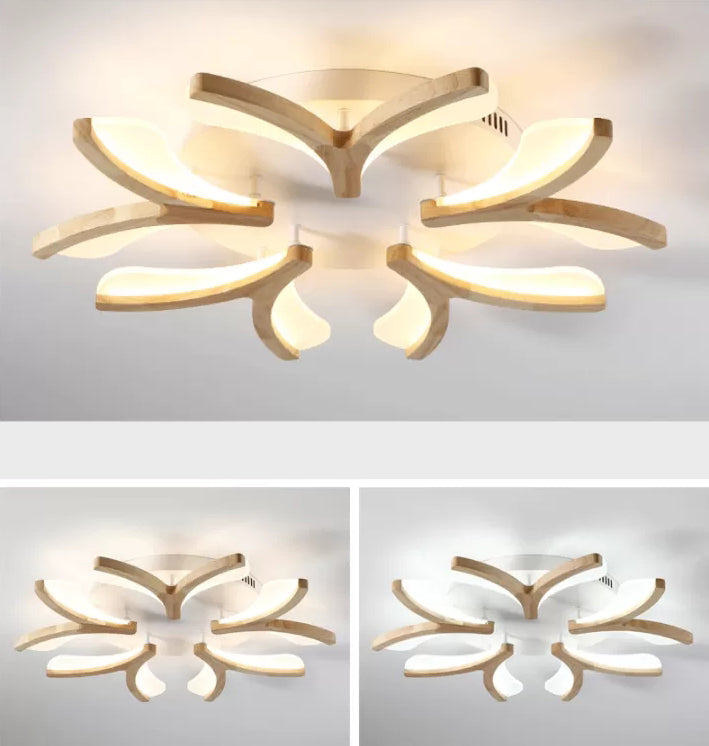 Wooden Floral Semi Flush Light Minimalist White LED Ceiling Light for Living Room