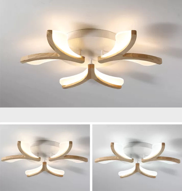 Wooden Floral Semi Flush Light Minimalist White LED Ceiling Light for Living Room