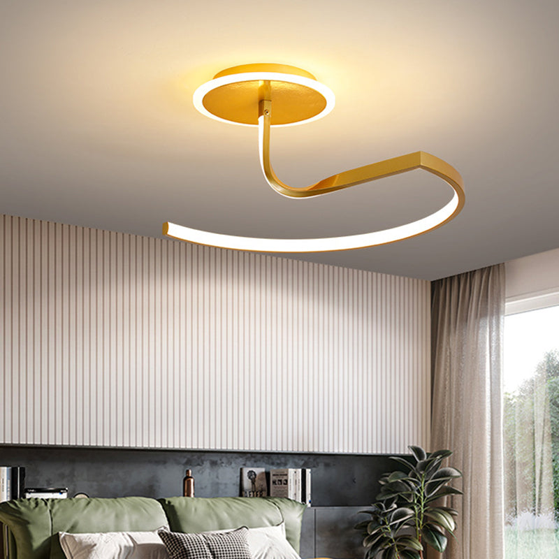 Curve Ceiling Lamp Minimalist Metal Bedroom Linear Semi Flush Mounted LED Light