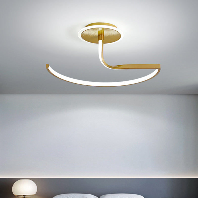 Curve Ceiling Lamp Minimalist Metal Bedroom Linear Semi Flush Mounted LED Light