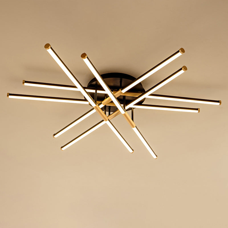 Black-Gold Sticks Flush Light Minimalist LED Metal Semi Flush Ceiling Light Fixture for Bedroom