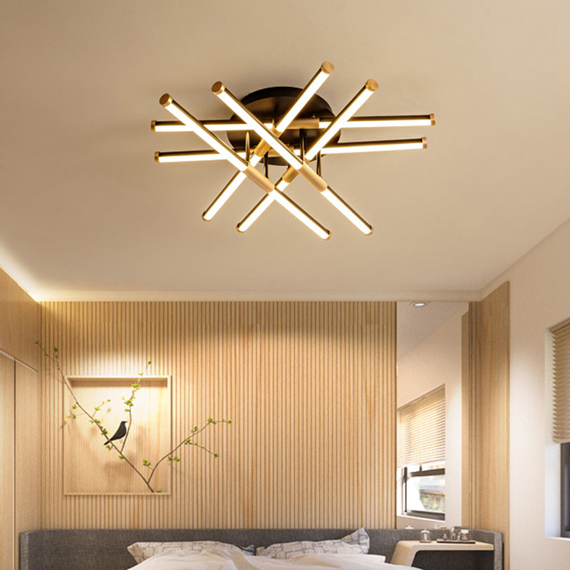 Black-Gold Sticks Flush Light Minimalist LED Metal Semi Flush Ceiling Light Fixture for Bedroom