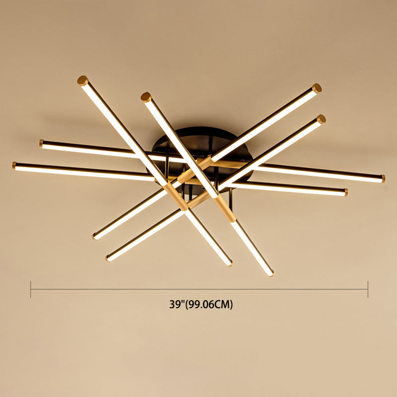 Black-Gold Sticks Flush Light Minimalist LED Metal Semi Flush Ceiling Light Fixture for Bedroom