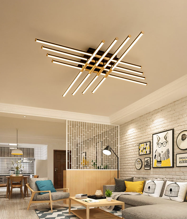 Black-Gold Sticks Flush Light Minimalist LED Metal Semi Flush Ceiling Light Fixture for Bedroom