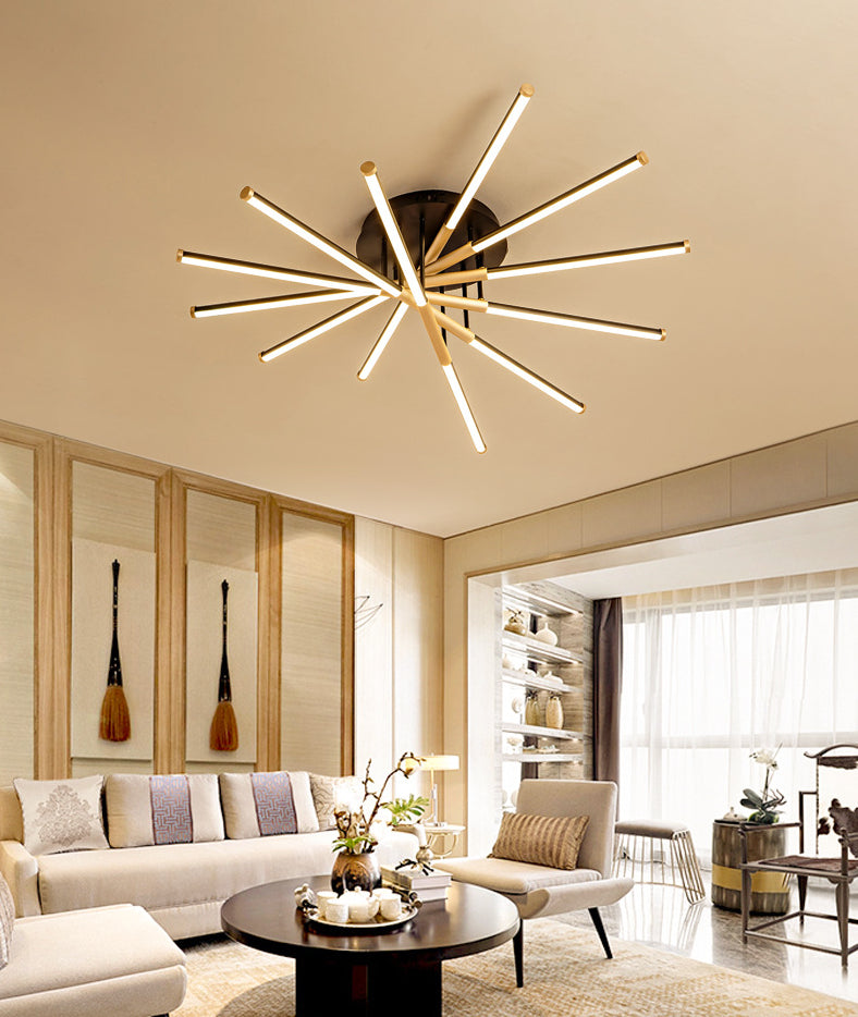 Black-Gold Sticks Flush Light Minimalist LED Metal Semi Flush Ceiling Light Fixture for Bedroom