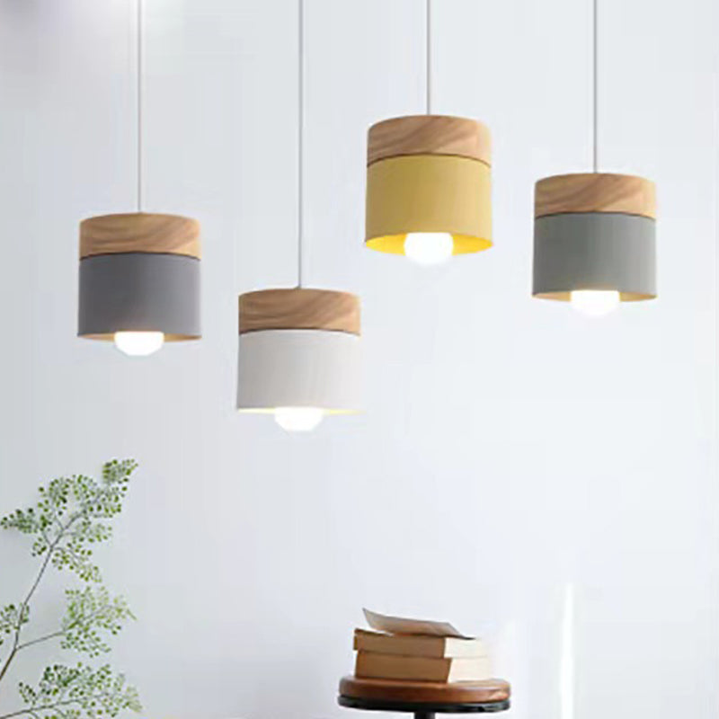 1 Light Cylinder Hanging Light Fixtures Nordic Style Iron Ceiling Pendant with Wooden Top for Restaurant