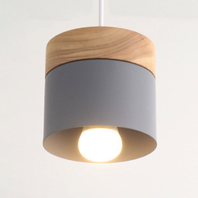 1 Light Cylinder Hanging Light Fixtures Nordic Style Iron Ceiling Pendant with Wooden Top for Restaurant