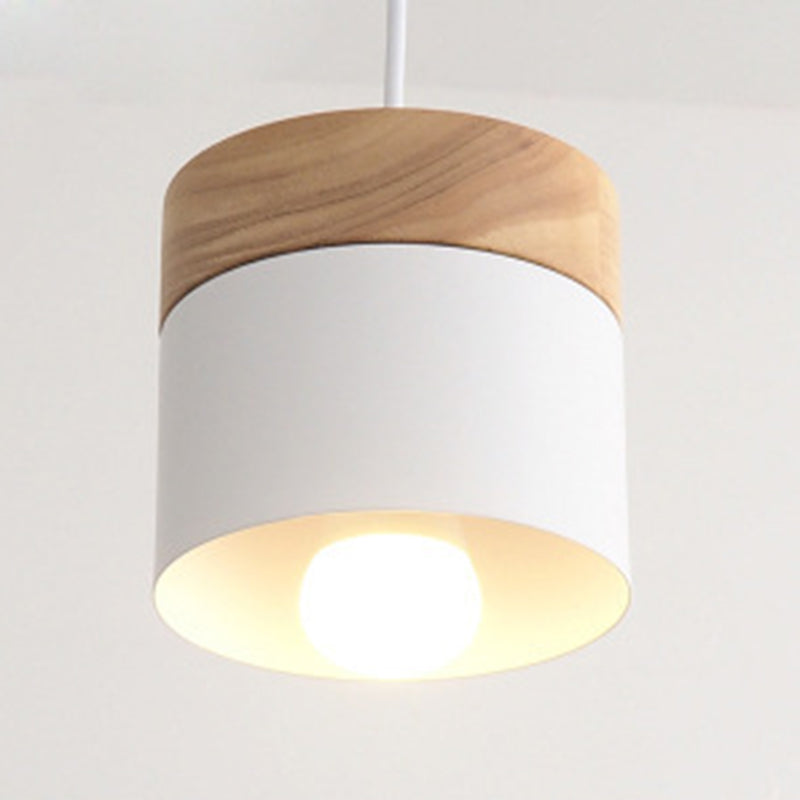 1 Light Cylinder Hanging Light Fixtures Nordic Style Iron Ceiling Pendant with Wooden Top for Restaurant