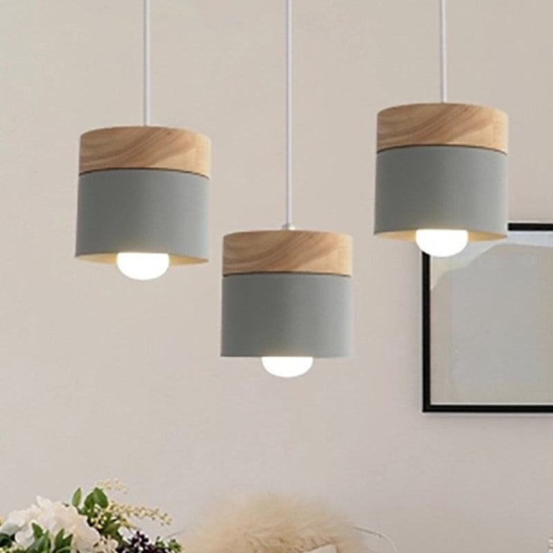 1 Light Cylinder Hanging Light Fixtures Nordic Style Iron Ceiling Pendant with Wooden Top for Restaurant