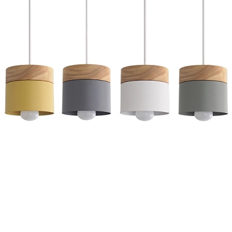 1 Light Cylinder Hanging Light Fixtures Nordic Style Iron Ceiling Pendant with Wooden Top for Restaurant