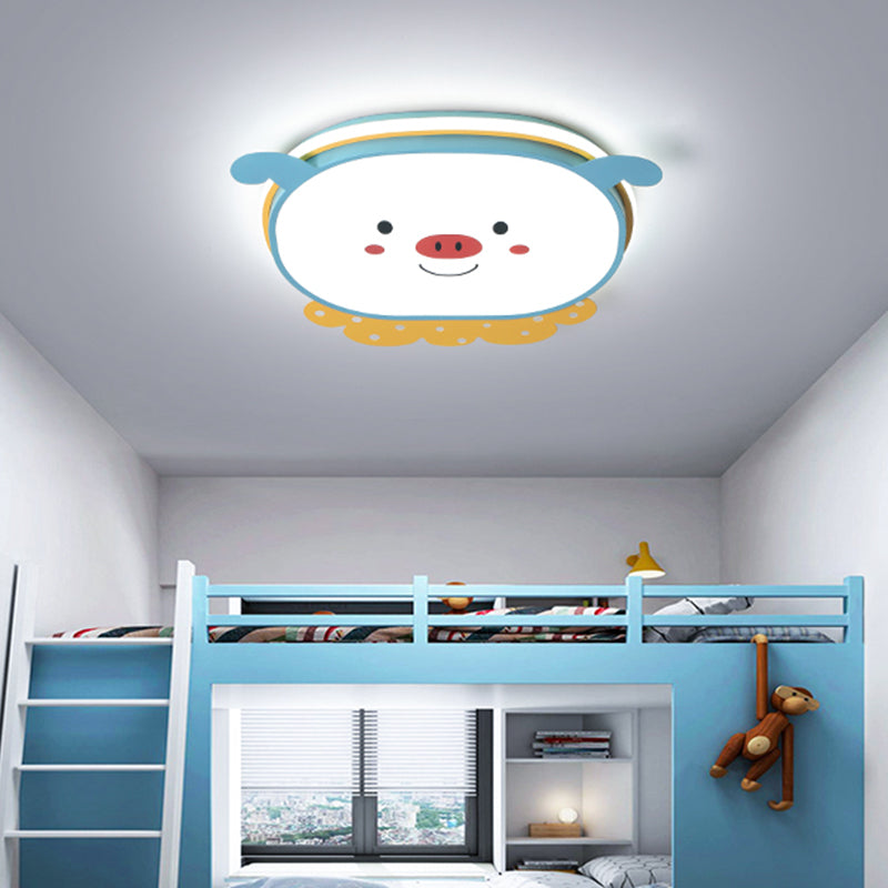 Pig Acrylic Ceiling Light Fixture Cartoon Style Integrated LED Blue/Pink Flush Mount Lamp, Warm/White/3 Color Light