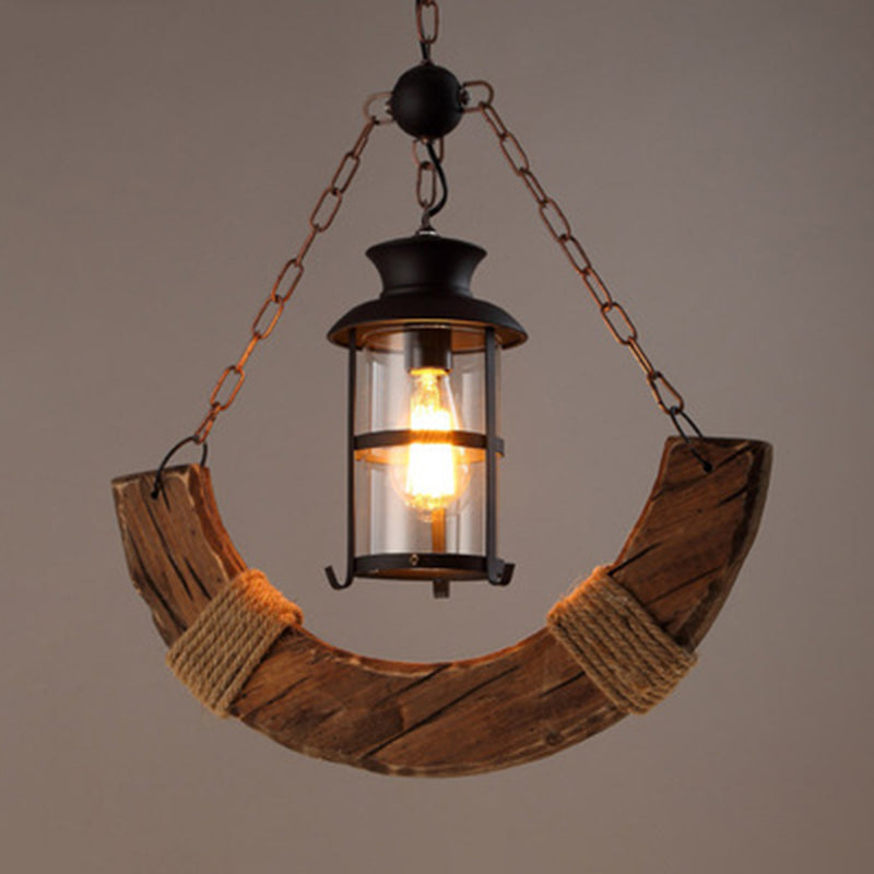 Wooden Distressed Wood Pendant Lighting Fixture Moon-Shape Industrial Pendant Light Kit