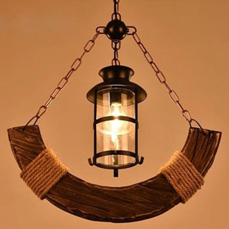 Wooden Distressed Wood Pendant Lighting Fixture Moon-Shape Industrial Pendant Light Kit