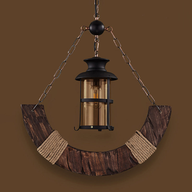 Wooden Distressed Wood Pendant Lighting Fixture Moon-Shape Industrial Pendant Light Kit