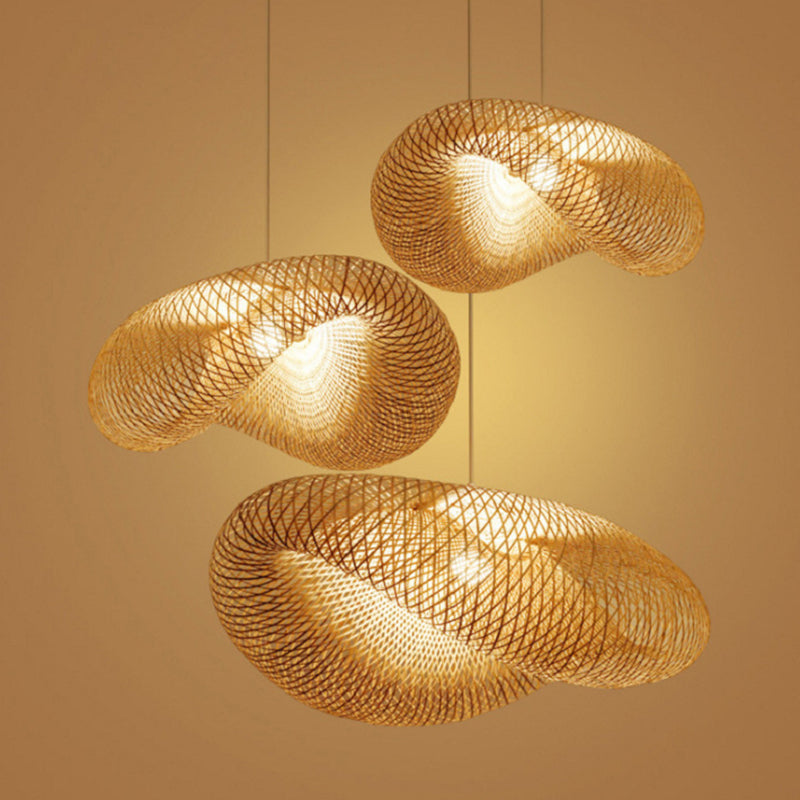 Hat Shape Dinning Room Pendant Lighting Fixture Bamboo Modern Hanging Lamp Kit in Beige