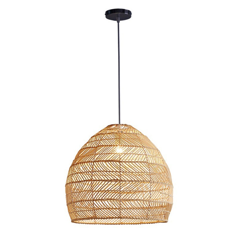 Soggiorno a ciondolo illuminazione cinese beige lampada sospesa con cupola allungata tonalità rattan