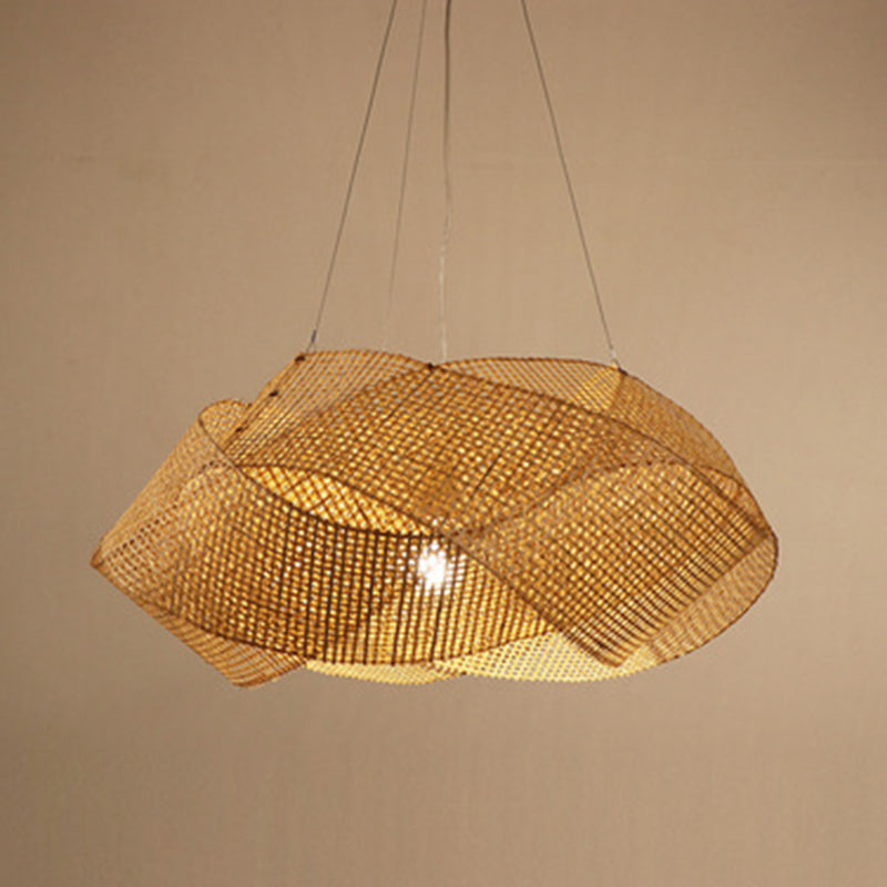 Swirl Pendant Lighting Fixture Asia Style Bamboo Restaurant Hanging Ceiling Light in Beige