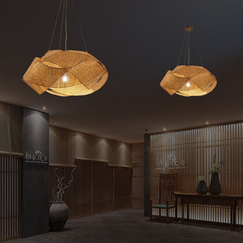 Swirl Pendant Lighting Fixture Asia Style Bamboo Restaurant Hanging Ceiling Light in Beige