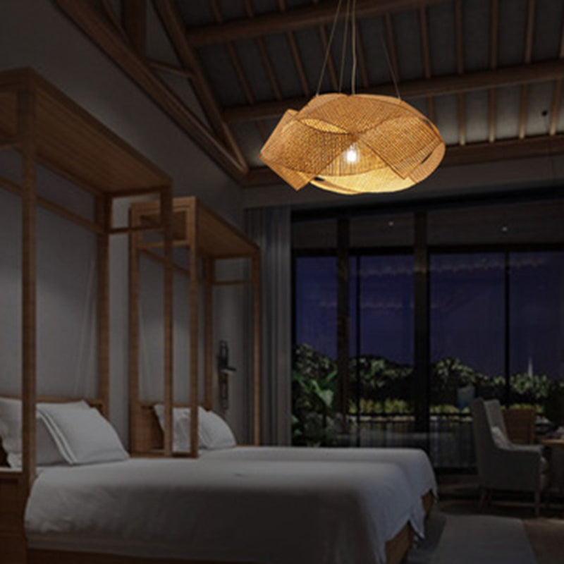 Swirl Pendant Lighting Fixture Asia Style Bamboo Restaurant Hanging Ceiling Light in Beige