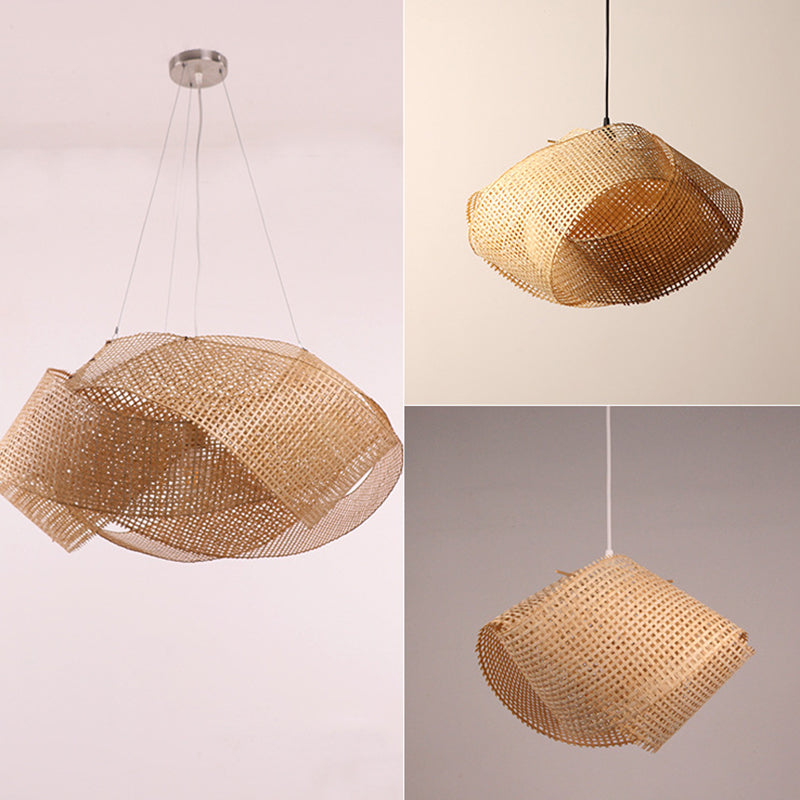 Swirl Pendant Lighting Fixture Asia Style Bamboo Restaurant Hanging Ceiling Light in Beige