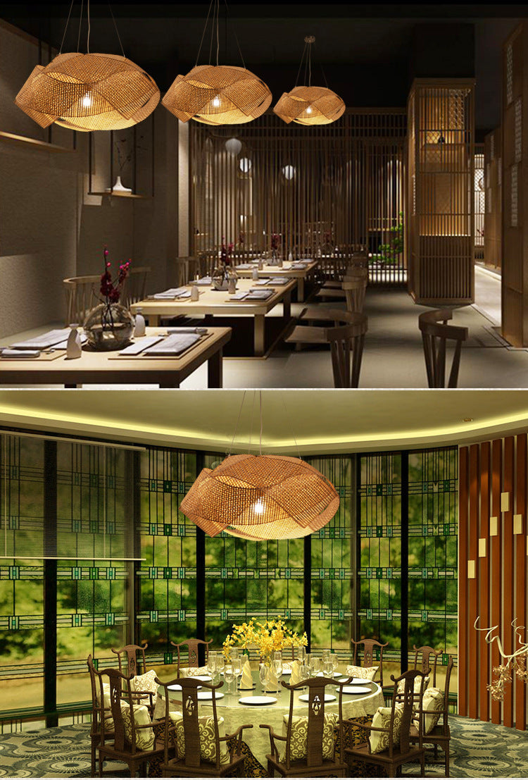 Swirl Pendant Lighting Fixture Asia Style Bamboo Restaurant Hanging Ceiling Light in Beige