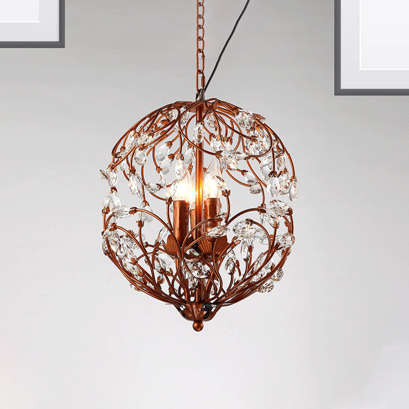 Traditional Floral Sphere Hanging Chandelier 3-Light Black/Bronze Iron Suspension Lamp with Crystal Accent