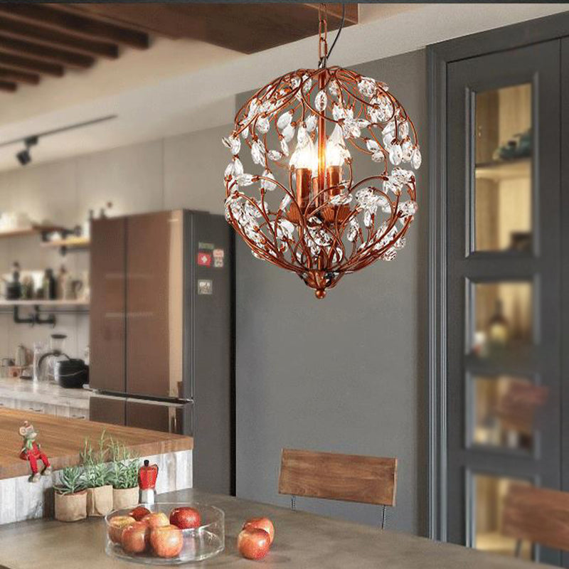 Traditional Floral Sphere Hanging Chandelier 3-Light Black/Bronze Iron Suspension Lamp with Crystal Accent