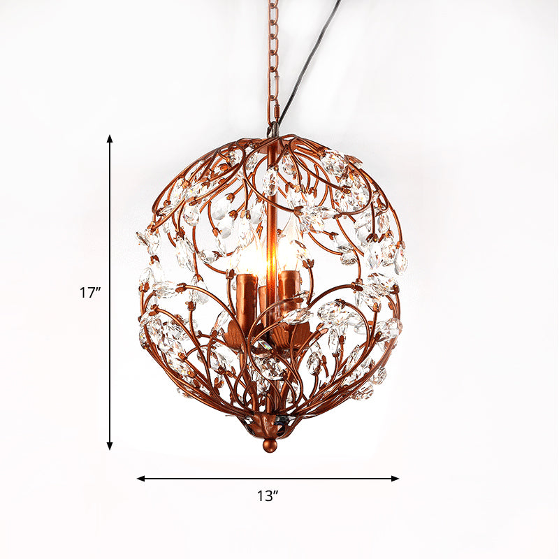 Traditional Floral Sphere Hanging Chandelier 3-Light Black/Bronze Iron Suspension Lamp with Crystal Accent