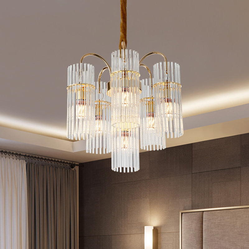 Tiered Cylinder Crystal Chandelier Light Modern 6 Heads Dining Room Ceiling Pendant in Gold