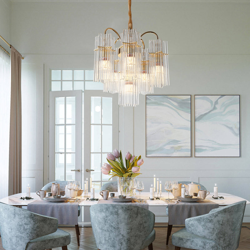 Tiered Cylinder Crystal Chandelier Light Modern 6 Heads Dining Room Ceiling Pendant in Gold