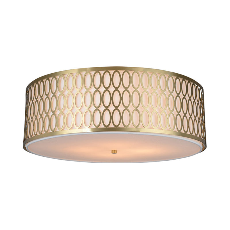 16 "/19.5"/"23.5" Dia 4-Licht Weefsel Flush Light Traditionele Witte Ronde Plafond Gemonteerde Lamp met Gold Metal Mesh Frame