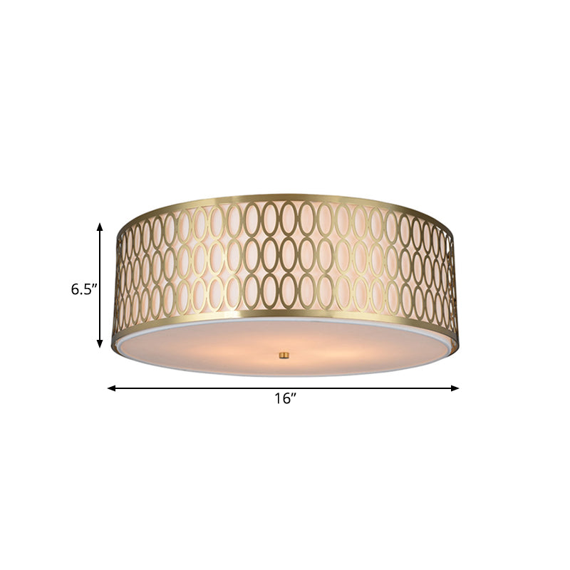 16 "/19.5"/"23.5" Dia 4-Licht Weefsel Flush Light Traditionele Witte Ronde Plafond Gemonteerde Lamp met Gold Metal Mesh Frame