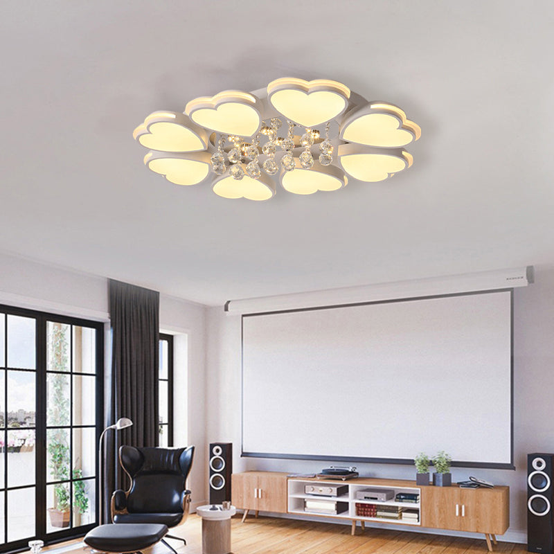 Modern Heart Shape Ceiling Light Acrylic 8-Head LED Flush Mount Light with Crystal Drop, Warm/White Light