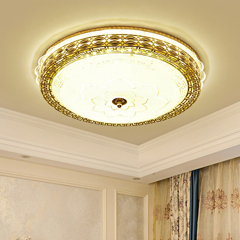 Frosted Glass Hollowed out Flush Lamp Simplicity Golden LED Ceiling Light Fixture in Third Gear